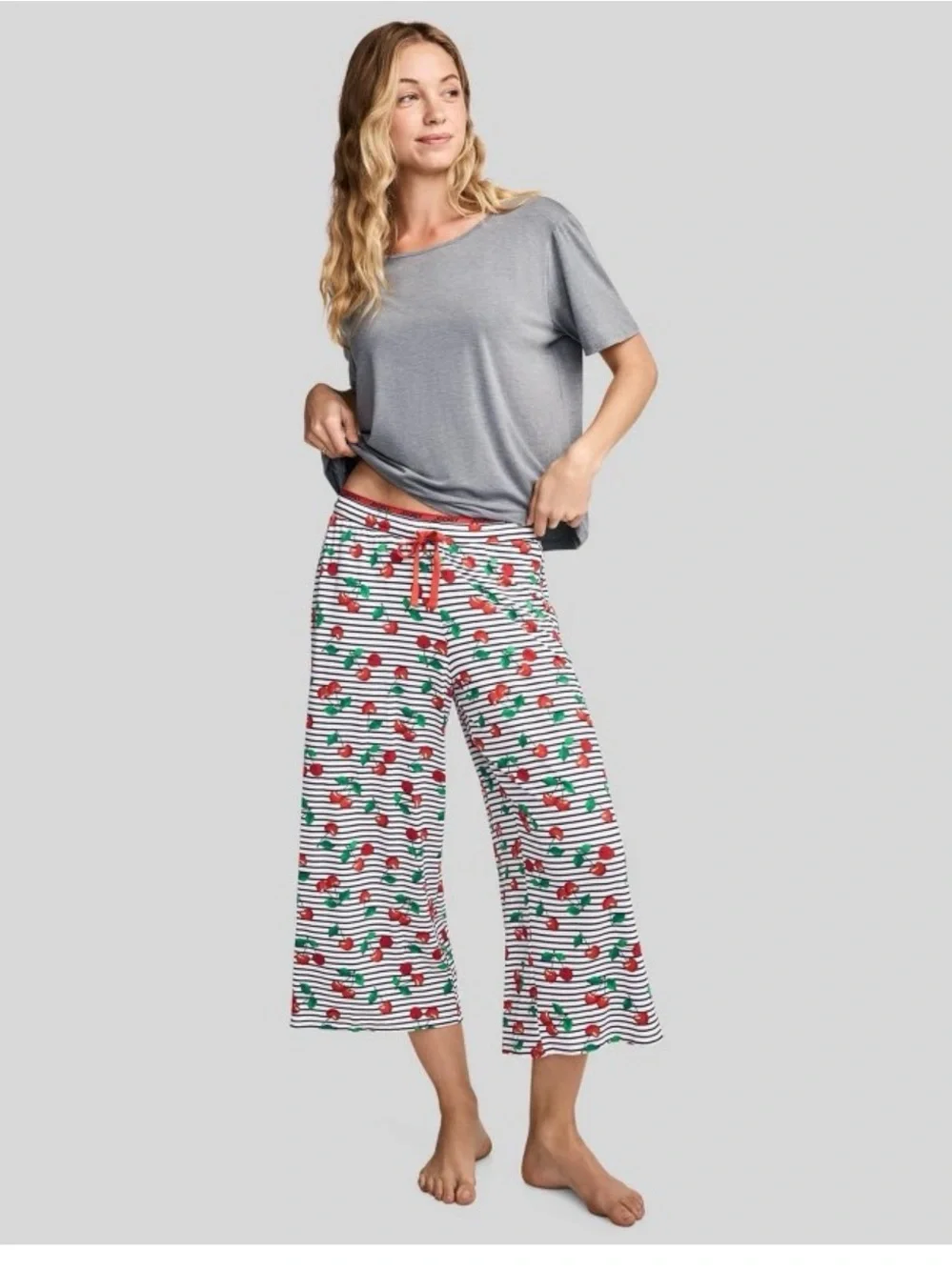 Jockey White Stripe Cherry Print Cropped Pajama Pants